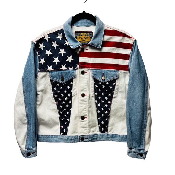 Fuse Paris Other - Fuse Paris M Denim Bomber Jacket USA Flag‎ Stars Stripes Trucker Moto VTG Unisex